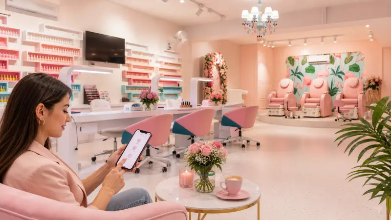 Nails by Gunjan salon interior with client browsing services